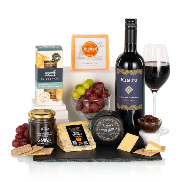 British Farmhouse Cheeses, Wine on a Slate Serving Tray - DELIVERY IN BRITAIN ONLY