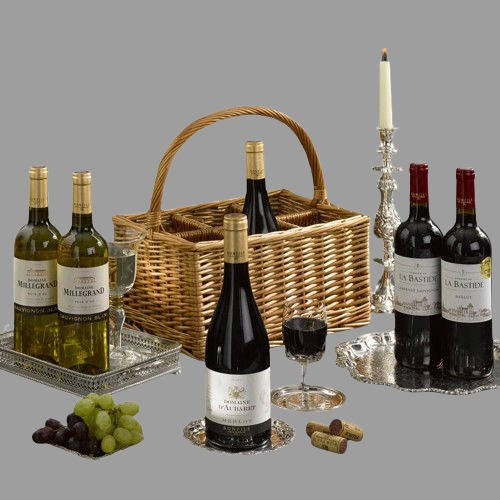 Six Premium Wines in Wicker Carrier